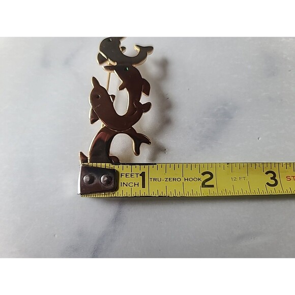 Gold Tone Metal Green Enamel Eyed Dolphins Jumping Shaped Brooch - Picture 10 of 10